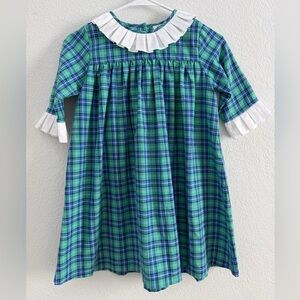 Shrimp & Grits Plaid Vintage Style Girls Dress with White Ruffle Accents